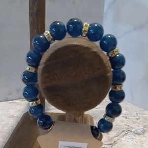 Chic Blue Beaded Stretch Bracelet with Gold Accents